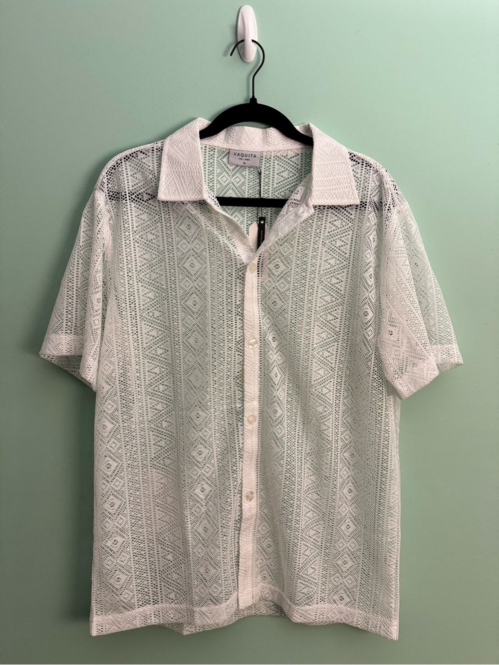 Men's Vaquita Short-Sleeve Lace Button-Up Shirt in White - Size XL (42-44) - NWT